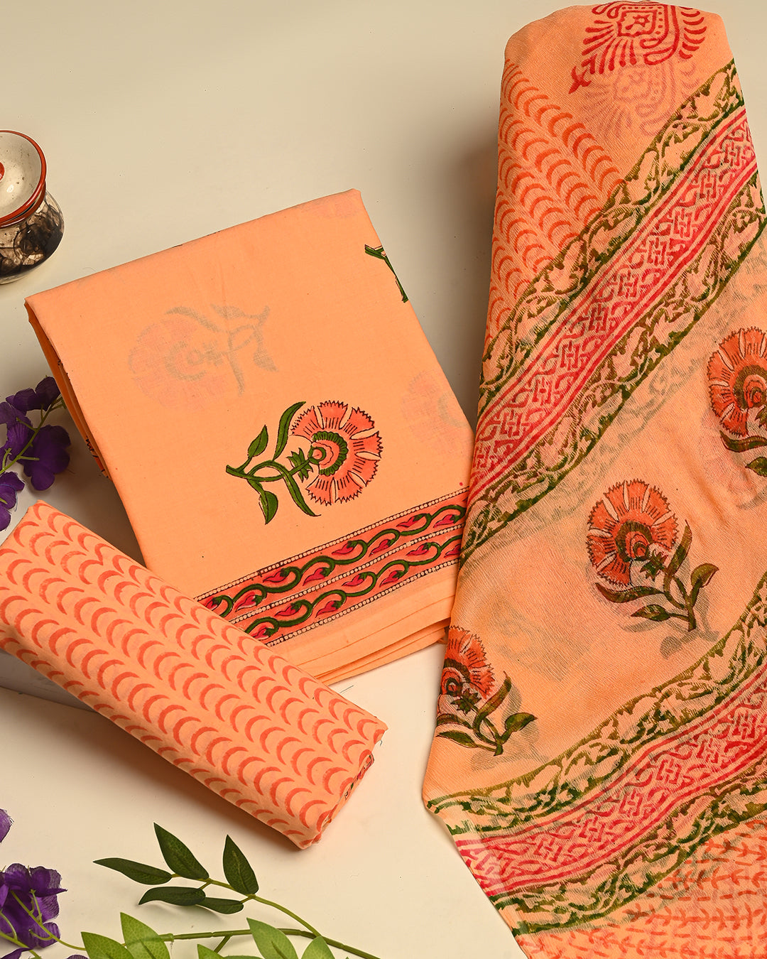 Premium Orange Hand Painted Rapid Printed Cotton Suit With Chiffon Dupatta (CFCOTCH38)