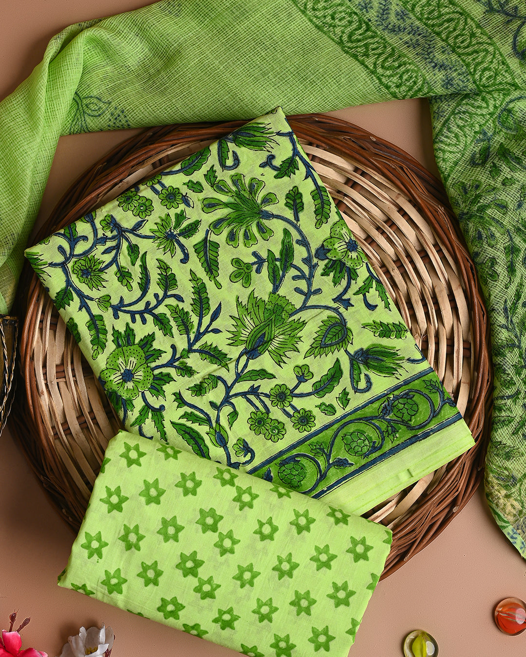 Premium Green Dabu Print Cotton Suit With Kota Doria Dupatta CFCOTKO25