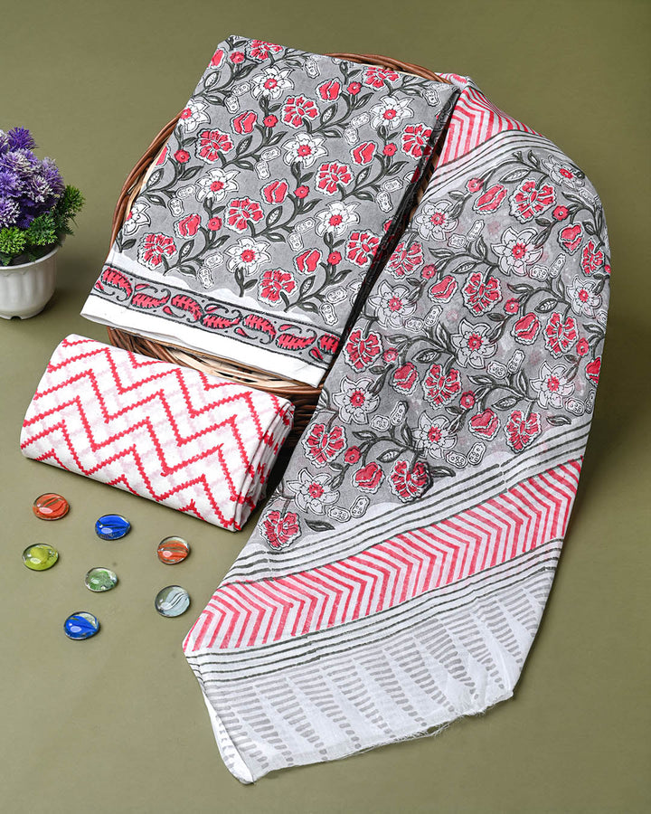 NewSanganeri Hand Block Print Cotton Suit Sets With Cotton Dupatta CFCOTMU78