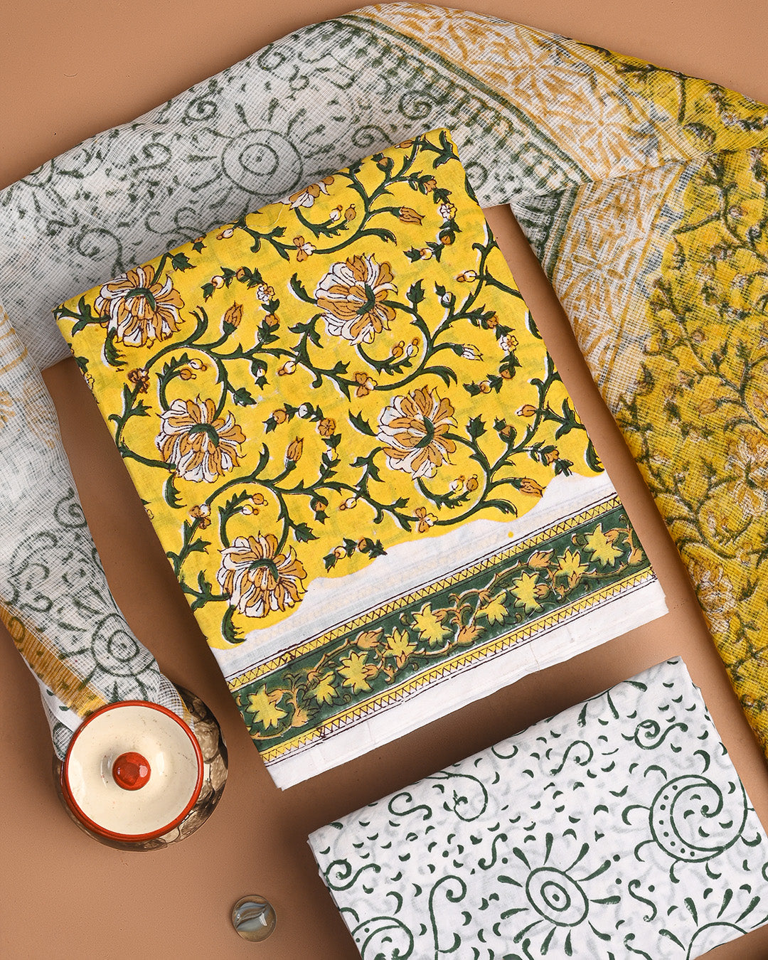 New Yellow and White Exclusive Hand Painted Cotton Suit With Kota Doria Dupatta CFCOTKO32