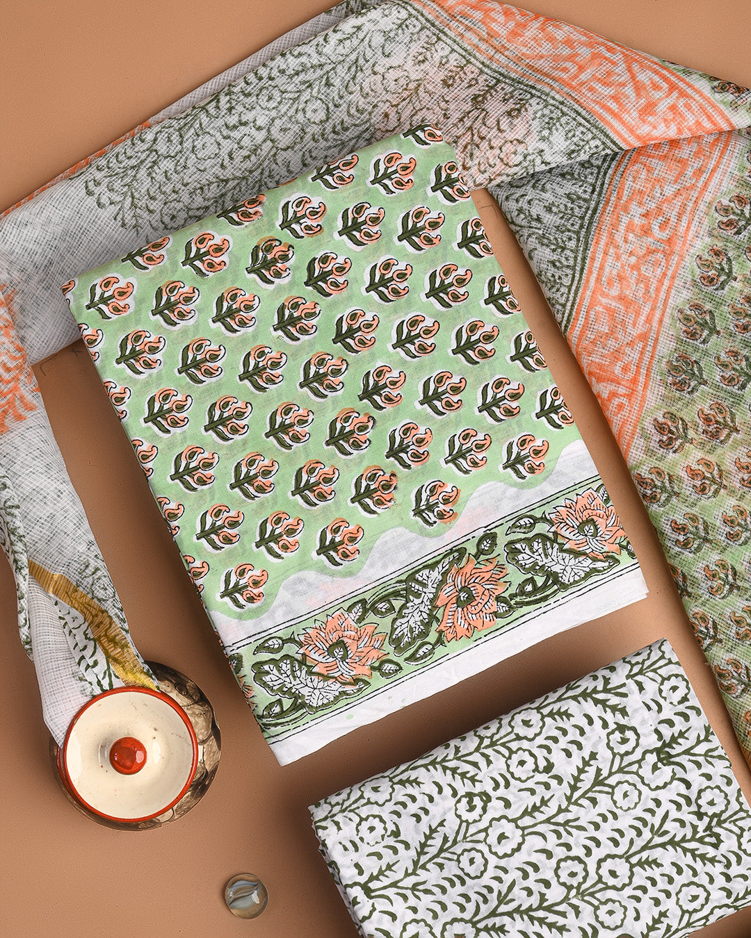 New Green Hand Block Print Cotton Suit With Kota Doria Dupatta CFCOTKO31