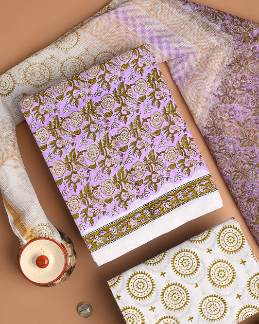 Exclusive Lavender  Hand Block Print Cotton Suit With Lehariya Dupatta CFCOTKO29