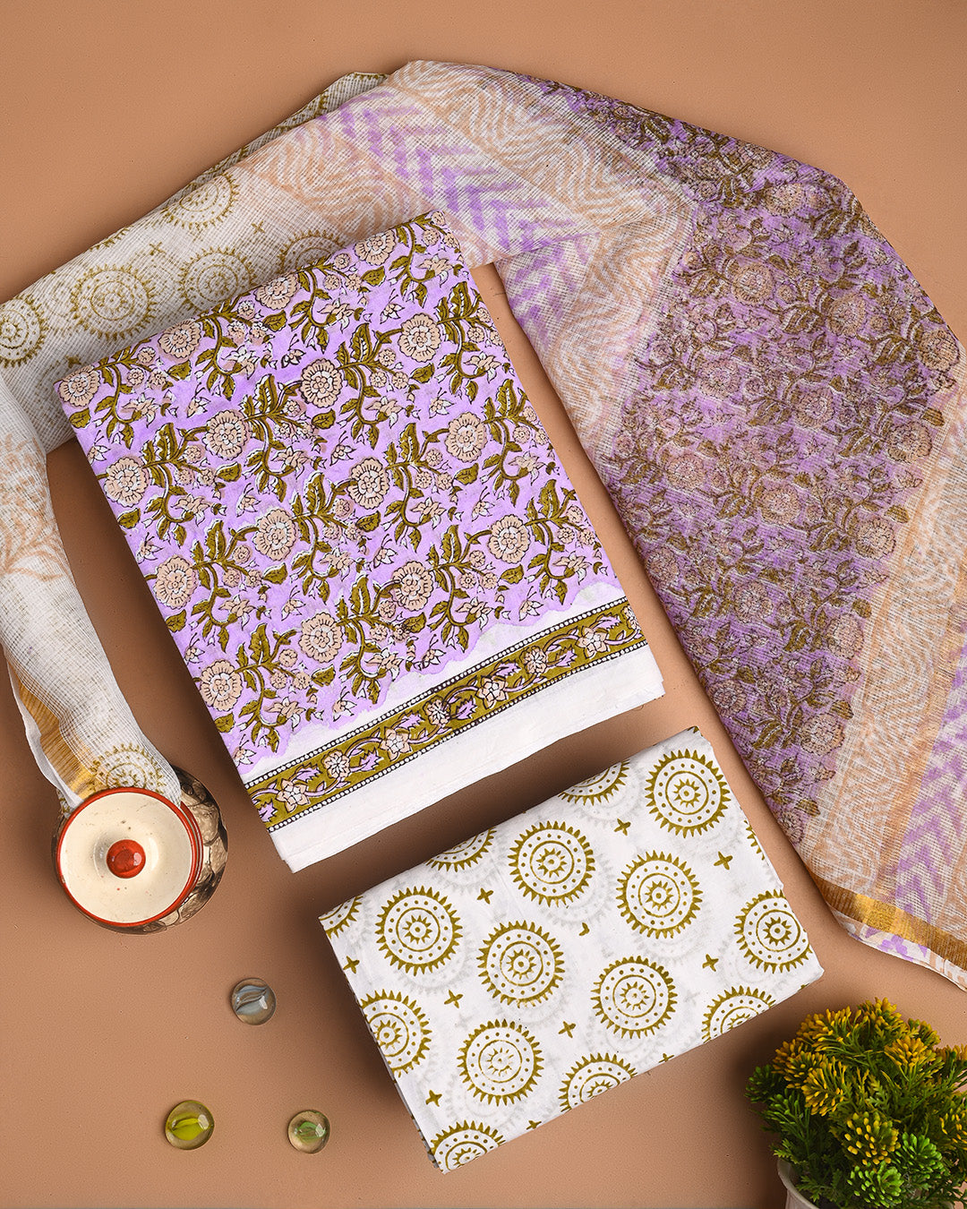 Exclusive Lavender Hand Block Print Cotton Suit With Lehariya Dupatta CFCOTKO29