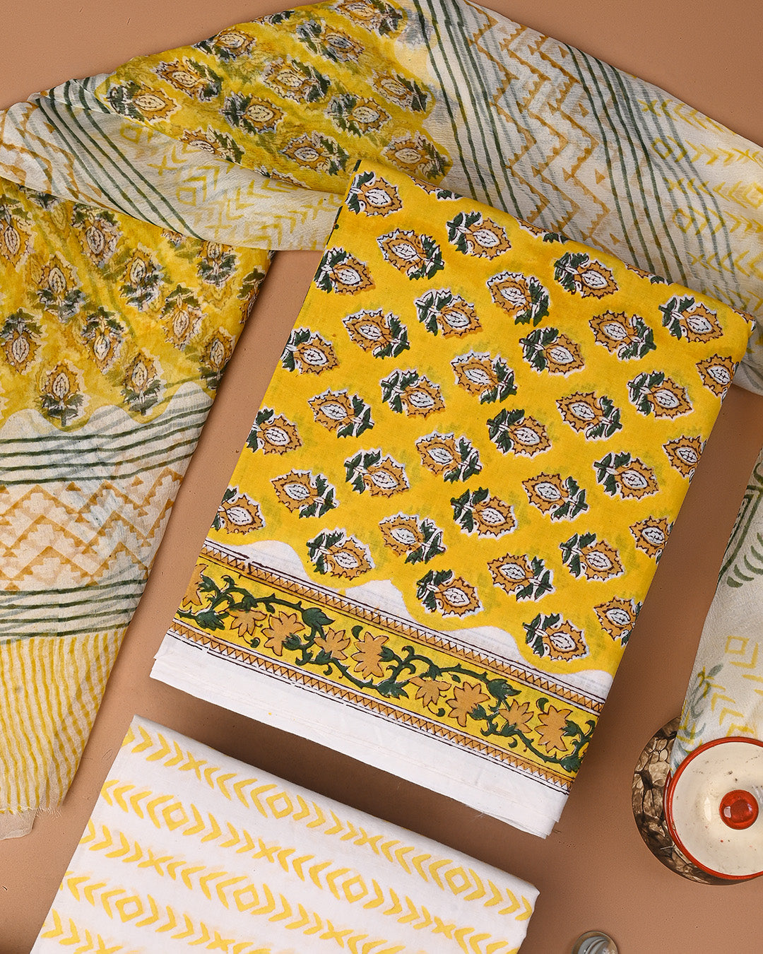 New Yellow Sanganeri Rapid Printed Cotton Suit With Chiffon Dupatta CFCOTCH28