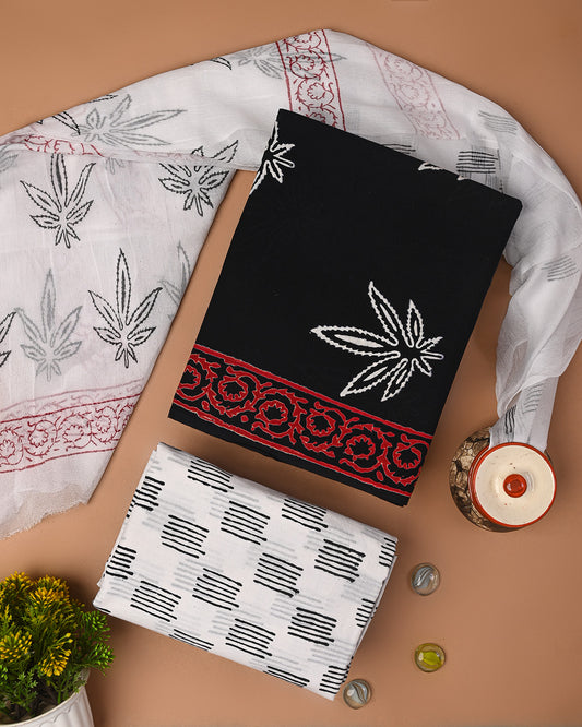 New White Sanganeri Printed Cotton Suit With Chiffon Dupatta CFCOTCH34