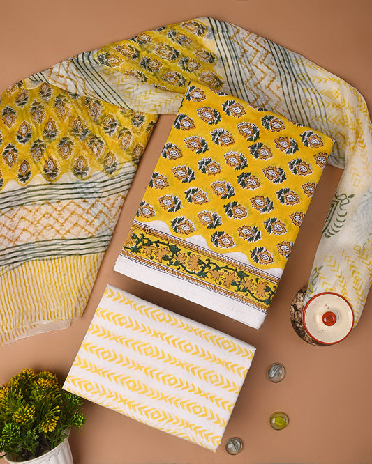 New Yellow Sanganeri Rapid Printed Cotton Suit With Chiffon Dupatta CFCOTCH28