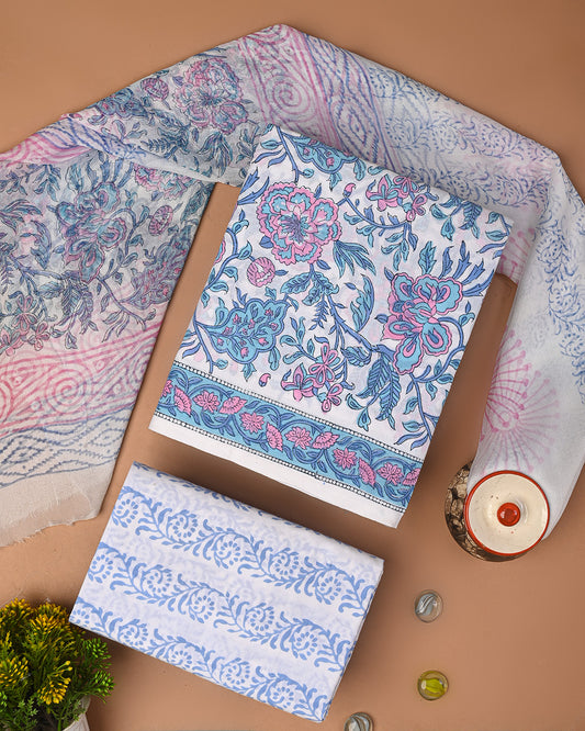 New Blue & White Sanganeri Rapid Printed Cotton Suit With Chiffon Dupatta CFCOTCH37