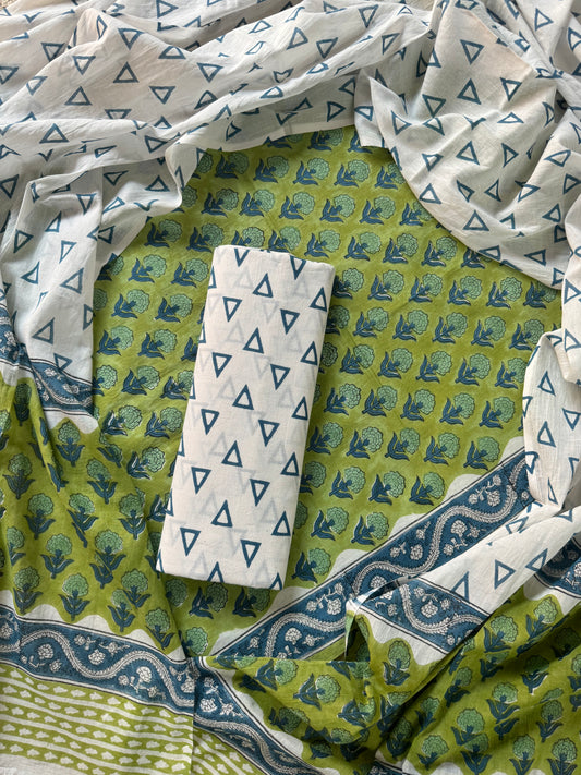 Elegant Green & White Print Cotton Suit Sets With Cotton Dupatta  CFCOTMU37