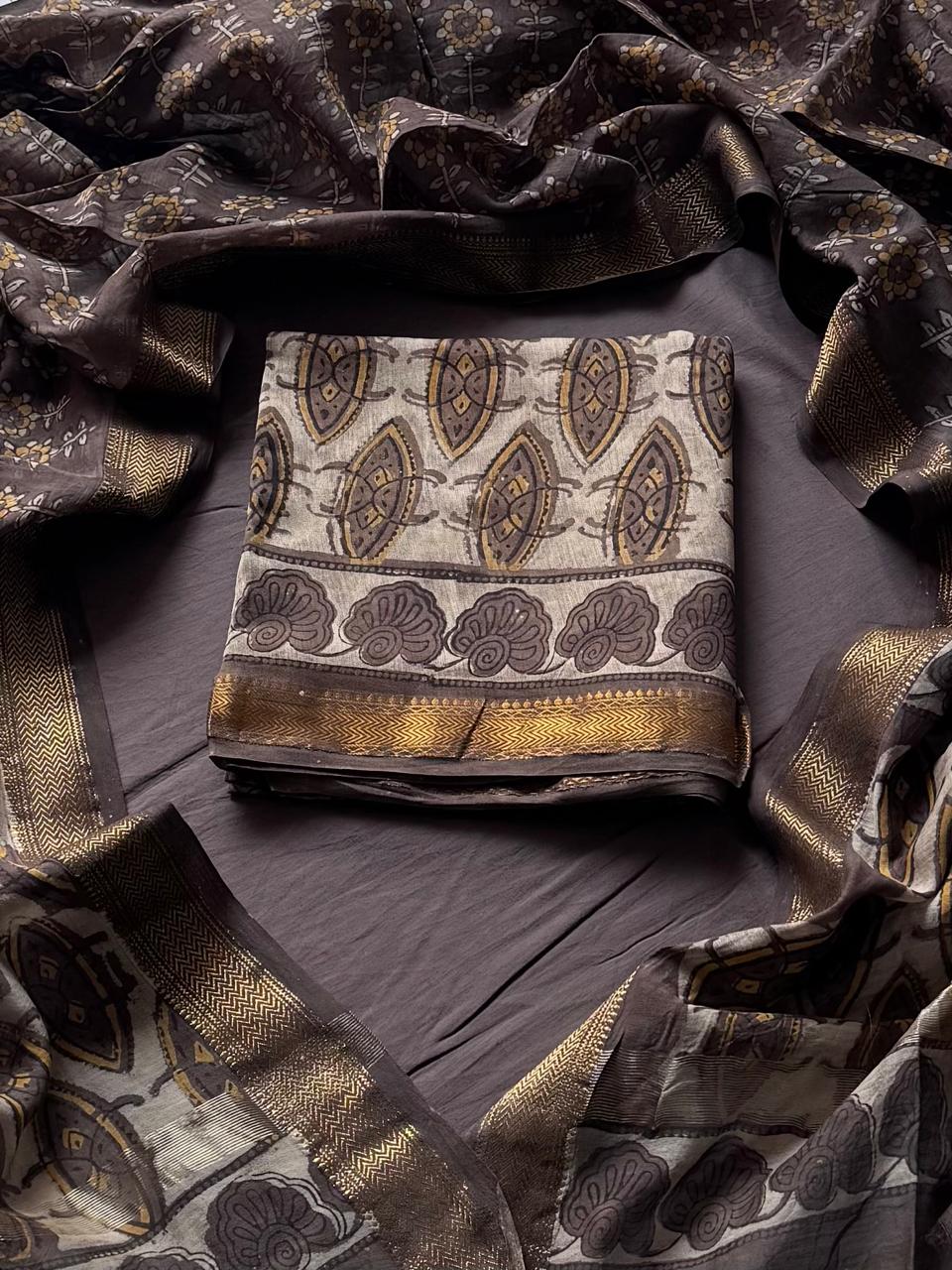 Maheshwari Silk Ajrakh Suits In Vanaspati Pomegranate Peel Dye (BSAJ30)