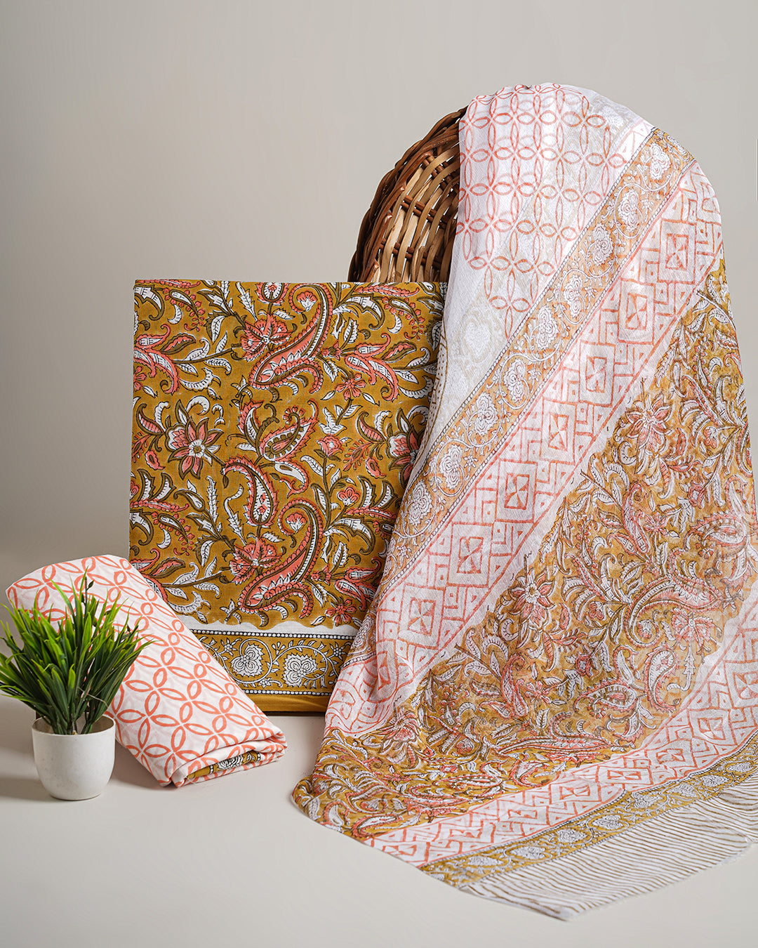 New Brown Sanganeri Jaal Printed Cotton Suit With Chiffon Dupatta CFCOTCH17