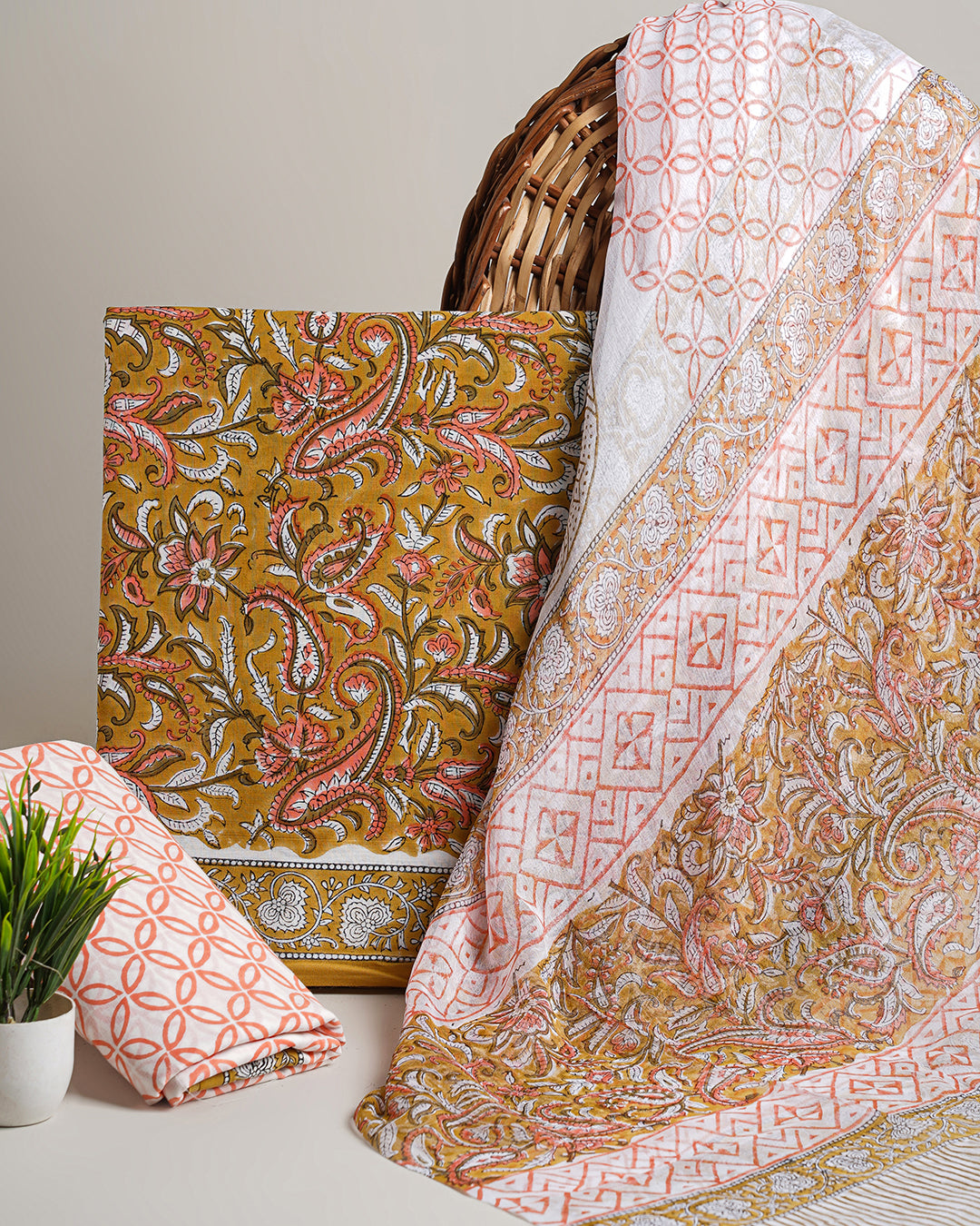 New Brown Sanganeri Jaal Printed Cotton Suit With Chiffon Dupatta CFCOTCH17