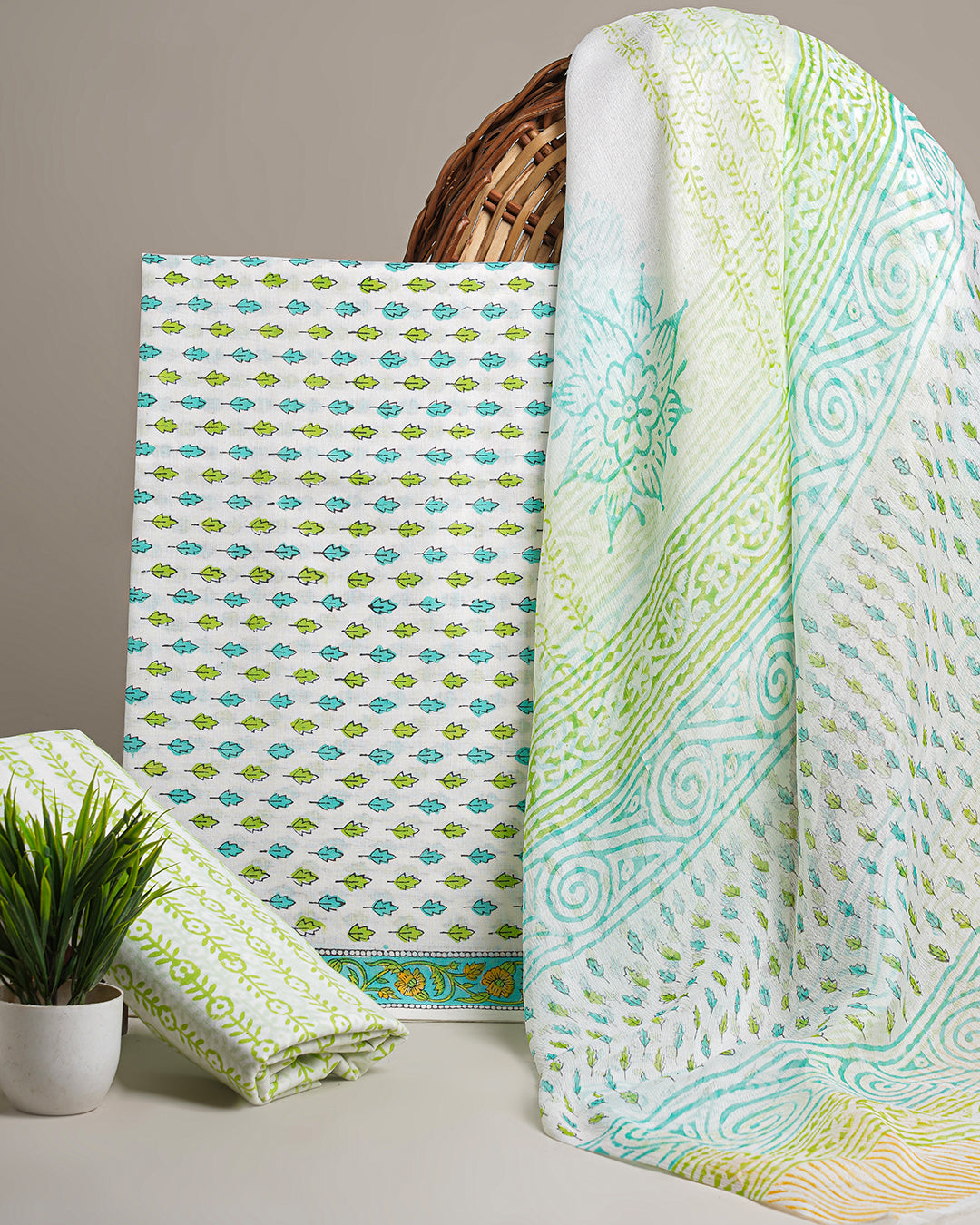 New White with Green Borders Sanganeri Rapid Printed Cotton Suit With Chiffon Dupatta CFCOTCH21