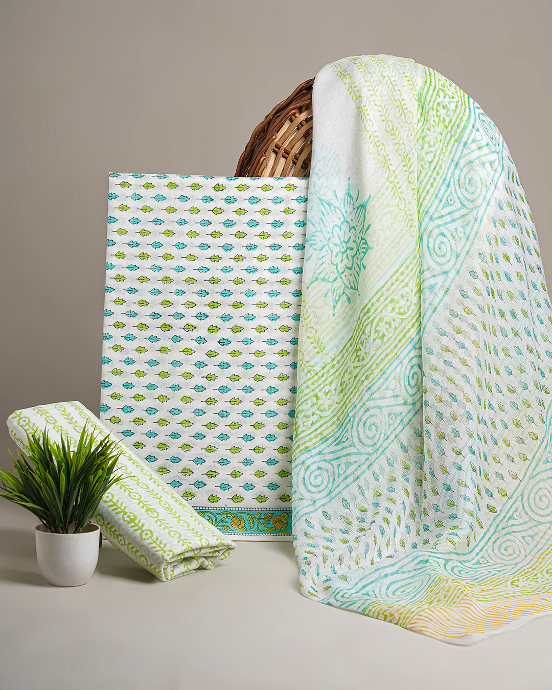 New White with Green Borders Sanganeri Rapid Printed Cotton Suit With Chiffon Dupatta CFCOTCH21
