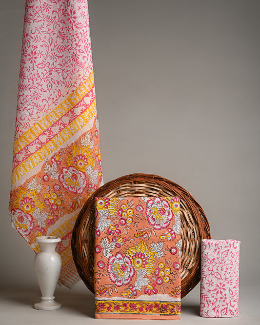 Graceful Orange Sanganeri Hand Block Print Cotton Suit Sets With Cotton Dupatta CFCOTMU21