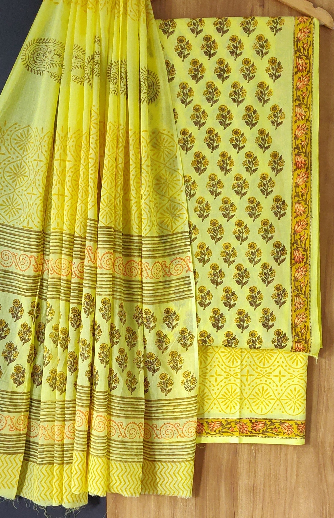 Premium Yellow Hand Block Printed Cotton Suit With Cotton Duptta CFCOTMU27