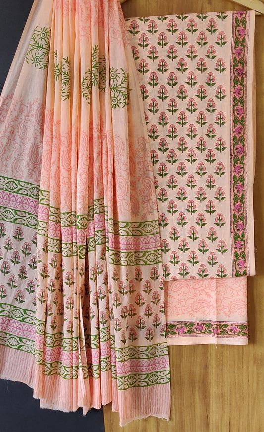 New Peach Premium Hand Block Printed Cotton Suit With Cotton Dupatta CFCOTMU25