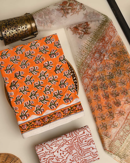 Exclusive Yellow Sanganeri Printed Cotton Suit With Organza Dupatta CFCOD11
