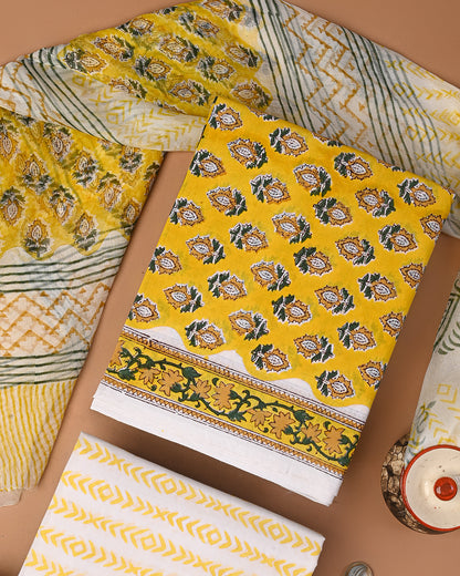 New Yellow Sanganeri Rapid Printed Cotton Suit With Chiffon Dupatta CFCOTCH28