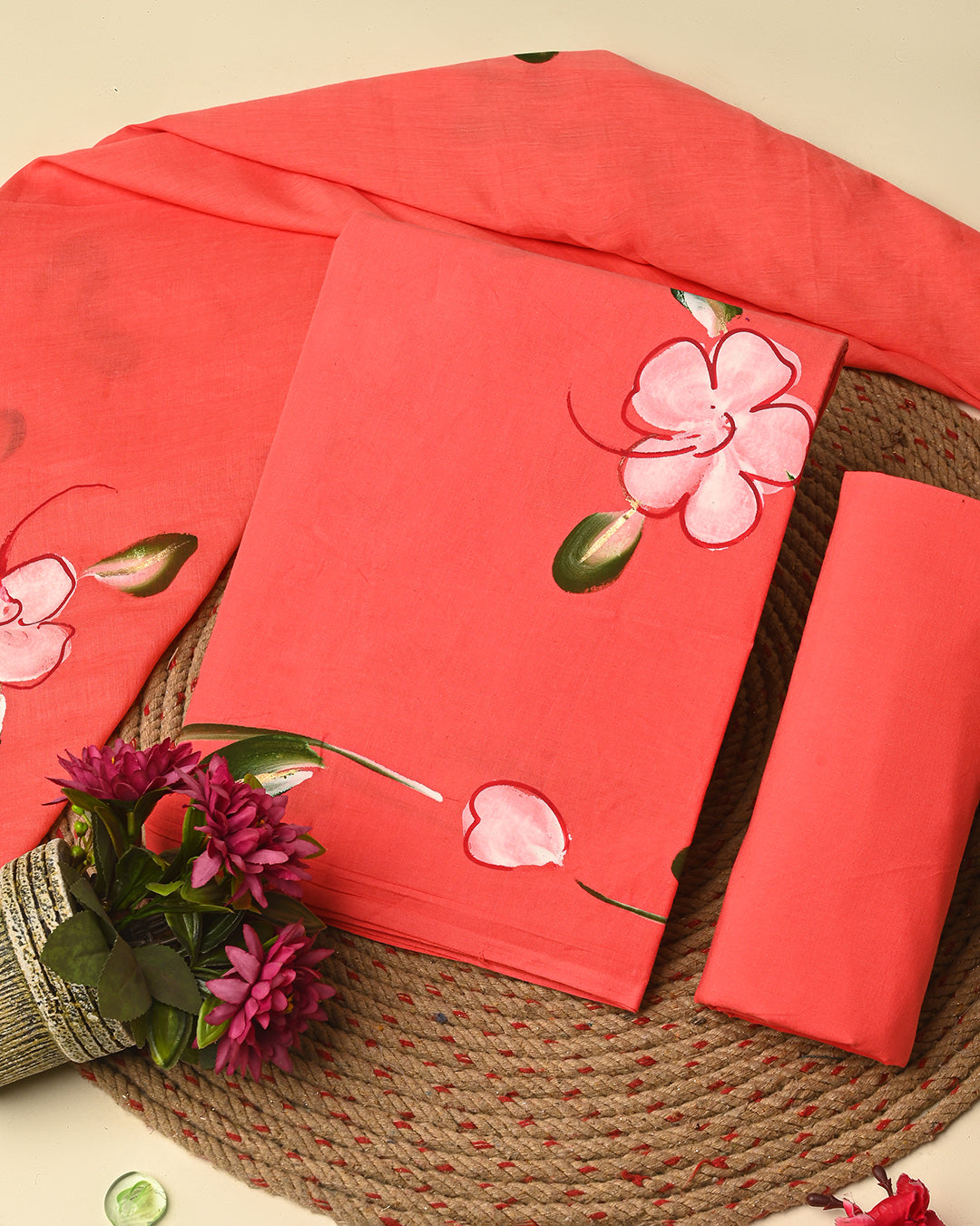 Red Premium Hand Painted Cotton Suit With Cotton Dupatta CFCOTMU40