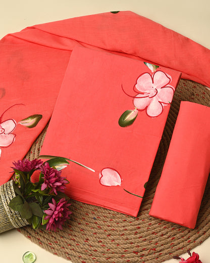 Red Premium Hand Painted Cotton Suit With Cotton Dupatta CFCOTMU40