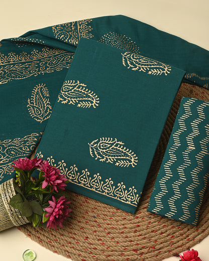 Premium Green Golden Hand Block Print Cotton Suit Sets With Cotton Dupatta  CFCOTMU66