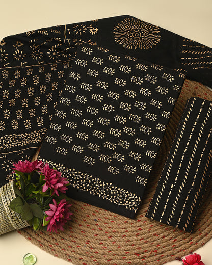 Elegant Black Golden Print Cotton Suit Sets With Cotton Dupatta CFCOTMU80