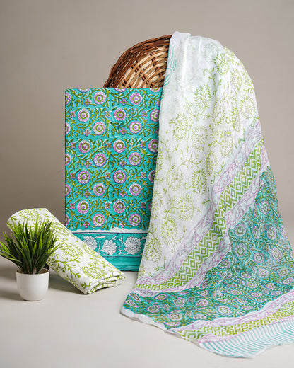 Premium Multicolour Hand Block Sanganeri Print Cotton Suit With Chiffon Dupatta (BSCOTCH35)
