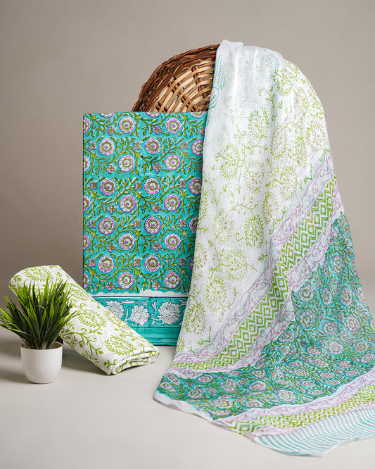 Premium Multicolour Hand Block Sanganeri Print Cotton Suit With Chiffon Dupatta (BSCOTCH35)