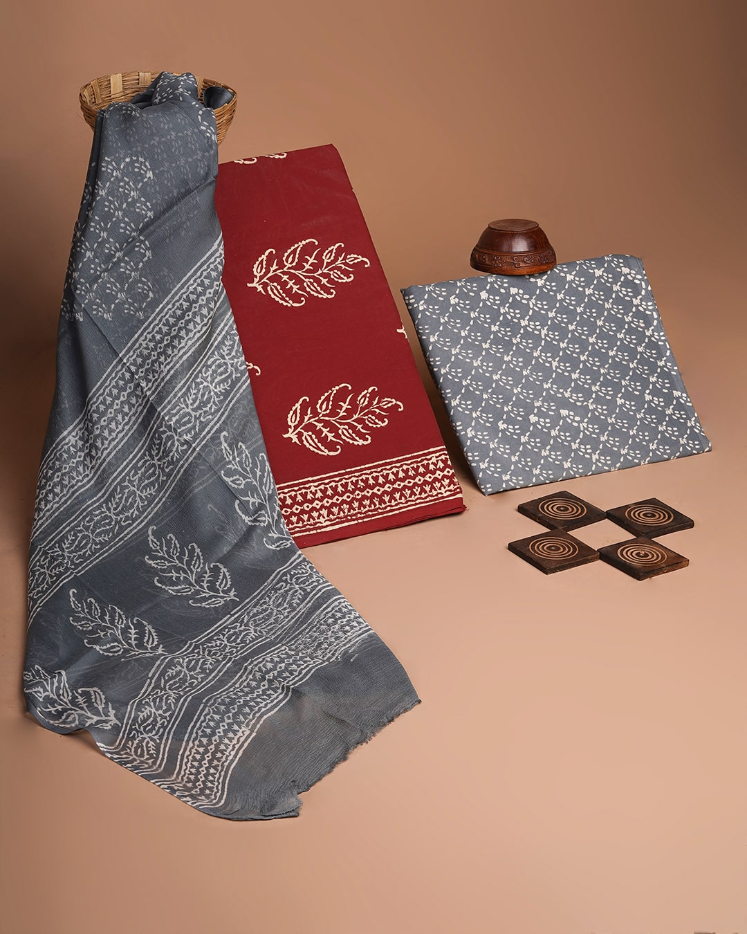 Traditional Grey and Maroon Hand Block Discharge Printed Cotton Suit With Chiffon Dupatta (BSCOTCH05)