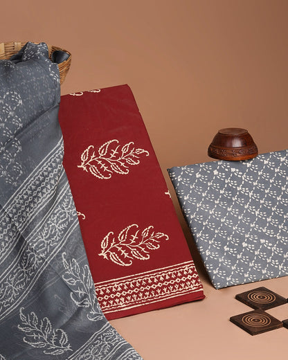 Traditional Grey and Maroon Hand Block Discharge Printed Cotton Suit With Chiffon Dupatta (BSCOTCH05)