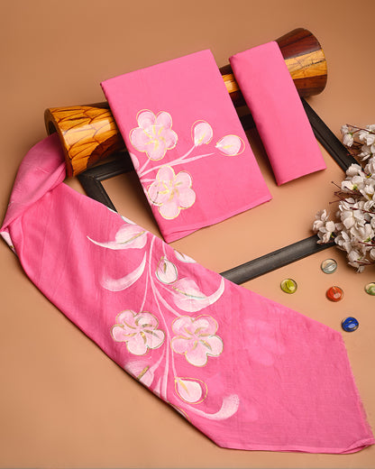 Elegant Pink Hand Painted Cotton Suit With Cotton Dupatta (BSCOTMU62)