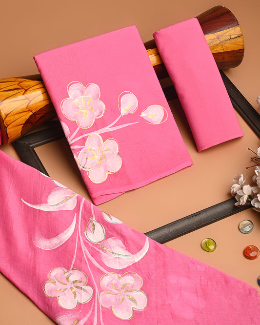 Elegant Pink Hand Painted Cotton Suit With Cotton Dupatta (BSCOTMU62)