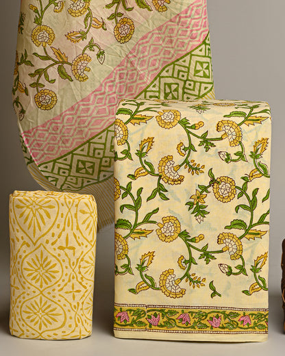 Premium Yellow Floral Cotton Suit With Cotton Dupatta (BSCOTMU49)