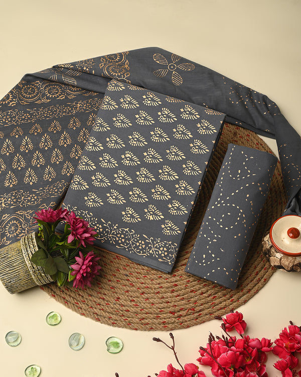 Elegant Grey Golden Print Cotton Suit Sets With Cotton Dupatta CFCOTMU70