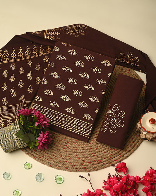 Adorable Brown Golden Print Cotton Suit With Cotton Dupatta CFCOTMU64