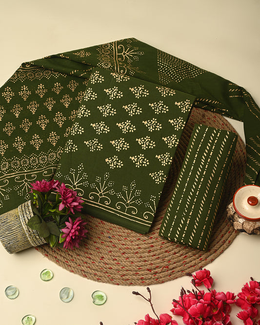 Adorable Green Golden Print Hand Block Printed Cotton Suit With Cotton Dupatta CFCOTMU52