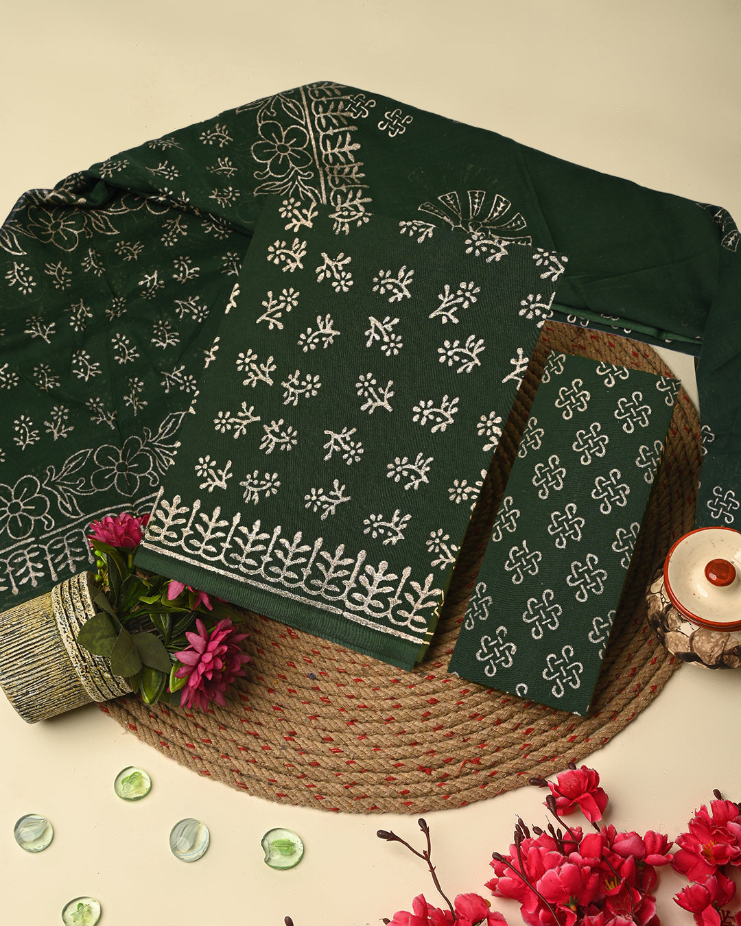 Adorable Green Golden Print Hand Block Printed Cotton Suit With Cotton Dupatta CFCOTMU52