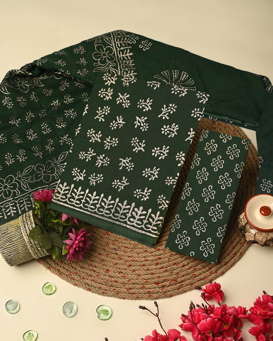 Adorable Green Golden Print Hand Block Printed Cotton Suit With Cotton Dupatta CFCOTMU52