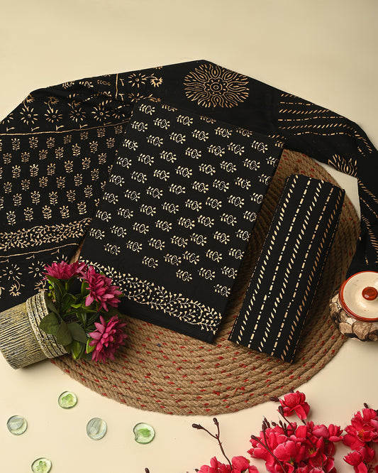 Elegant Black Golden Print Cotton Suit Sets With Cotton Dupatta CFCOTMU80