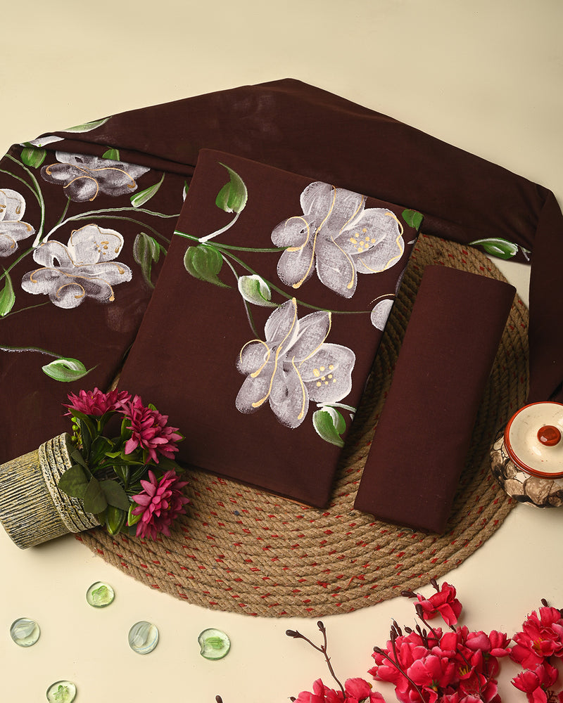 Elegant Brown Hand Painted Cotton Suit Sets With Cotton Dupatta CFCOTMU76