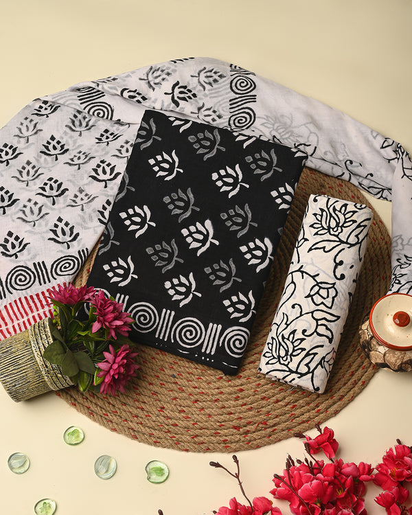 Premium Black & White Booti Hand Block Print Cotton Suit With Cotton Dupatta CFCOTMU81