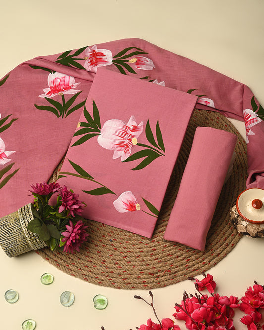 Elegant Pink Hand Painted Cotton Suit Sets With Cotton Dupatta  CFCOTMU71