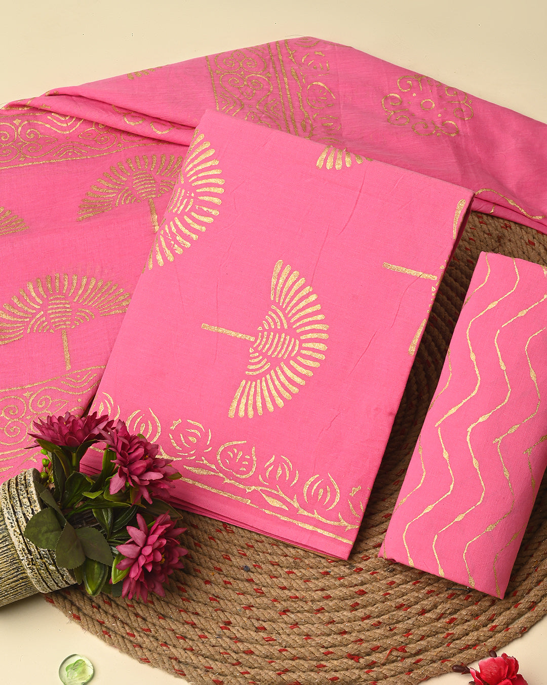 Adorable Pink Golden Print Cotton Suit Sets With Cotton Dupatta CFCOTMU50