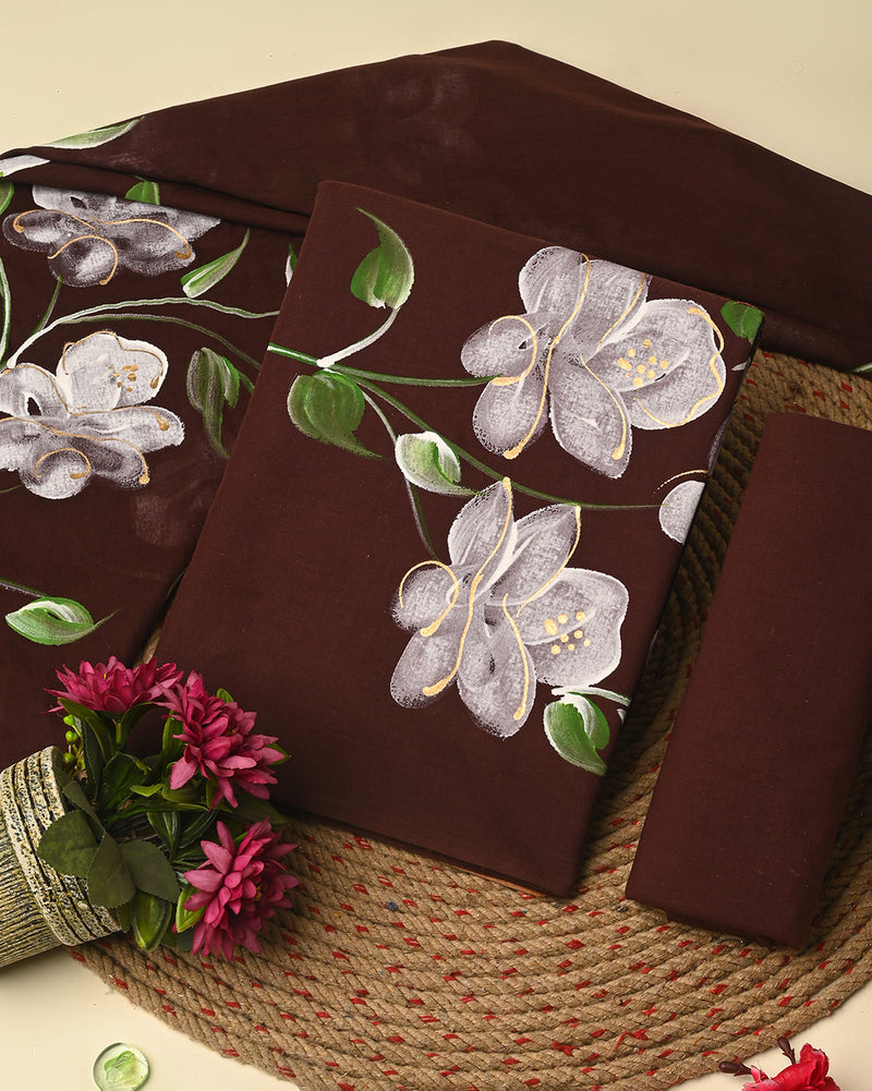 Elegant Brown Hand Painted Cotton Suit Sets With Cotton Dupatta CFCOTMU76