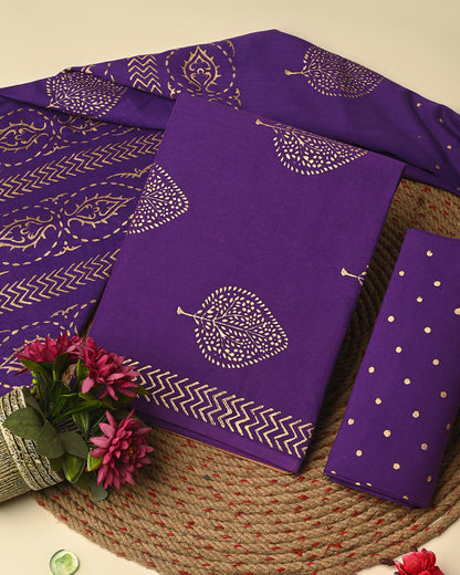 Blue Golden Print Hand Block Print Cotton Suit Sets With Cotton Dupatta CFCOTMU51