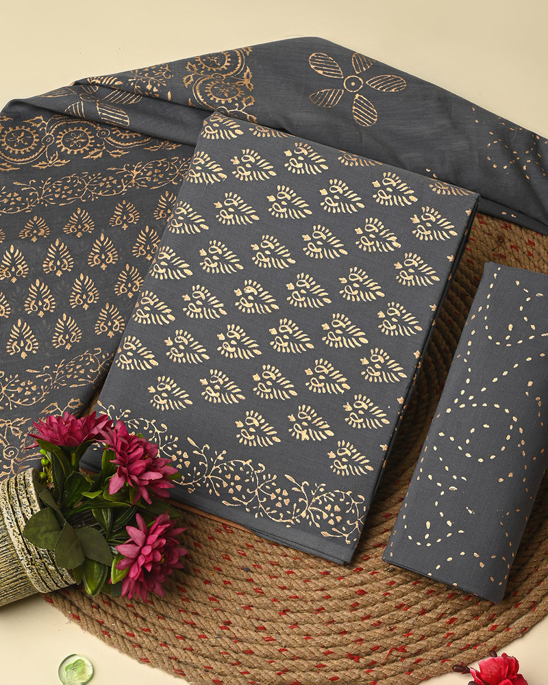 Elegant Grey Golden Print Cotton Suit Sets With Cotton Dupatta CFCOTMU70