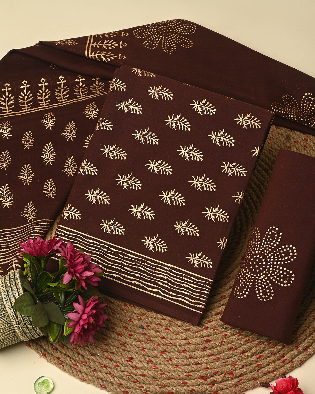 Adorable Brown Golden Print Cotton Suit With Cotton Dupatta CFCOTMU64