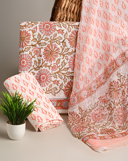 New Multicolour Hand Block Printed Cotton Suit with Chiffon Dupatta (BSCOTCH10)