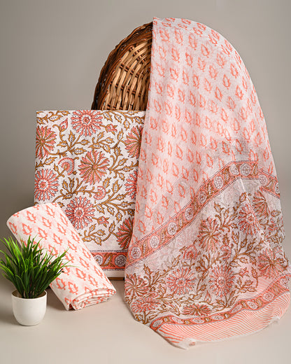 New Multicolour Hand Block Printed Cotton Suit with Chiffon Dupatta (BSCOTCH10)