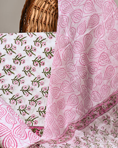 Premium White And Pink Floral Hand Block Sanganeri Print Cotton Suit With Chiffon Dupatta (BSCOTCH14)